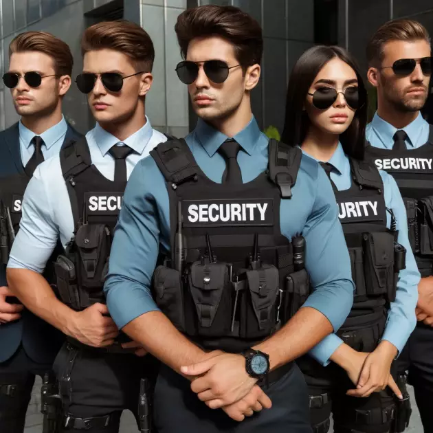 DALL·E 2024-04-20 15.55.30 - A team of private security guards, consisting of five individuals, in smart dark uniforms with visible security badges. The team is diverse, including